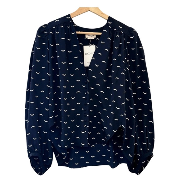 Zadig & Voltaire Turin Polka Wings Silk Balloon Sleeve V-Neck Button-Up Top - Picture 3 of 6